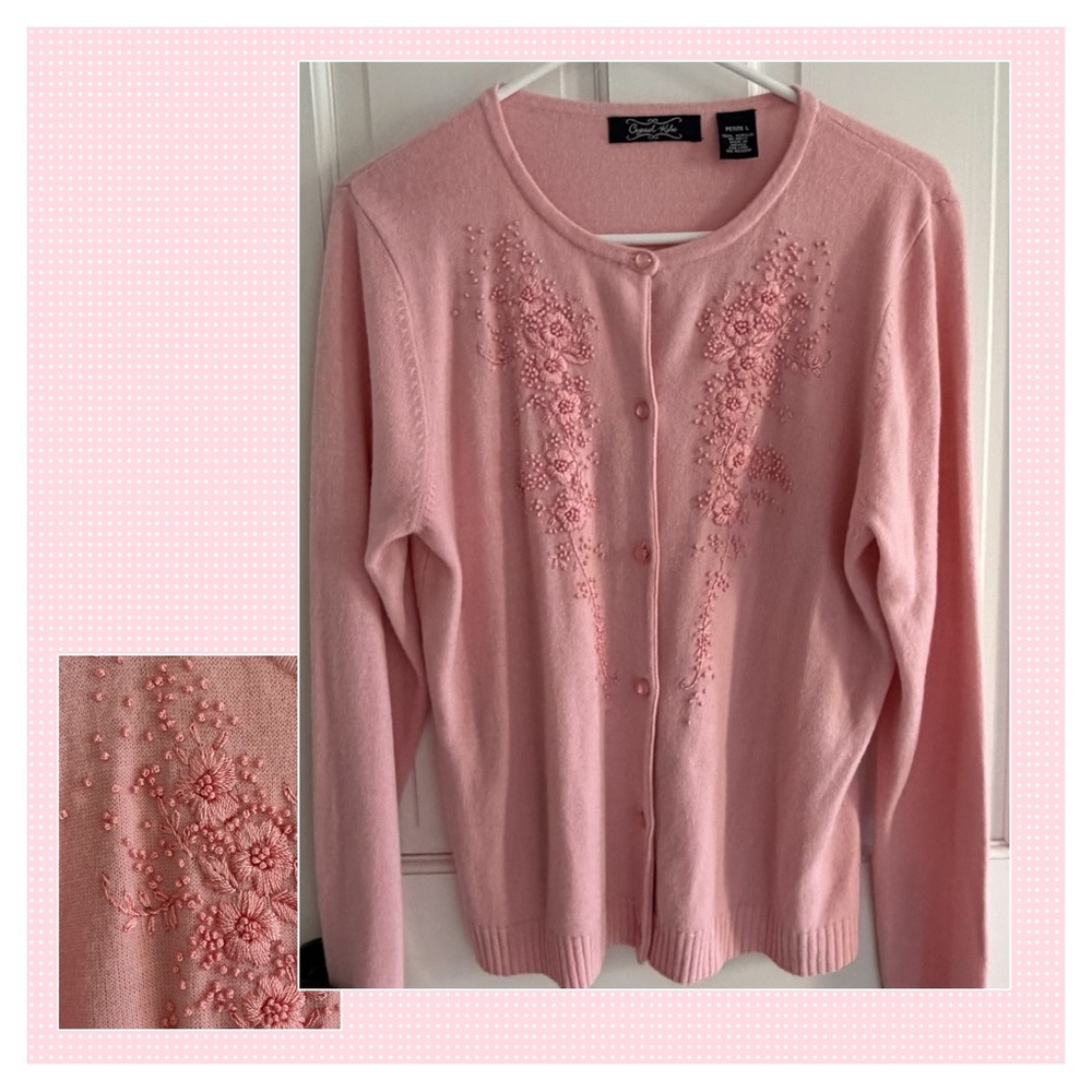 CRYSTAL-KOBE Embroidered Florals Knotted Pink Cardigan Sweater Size PL